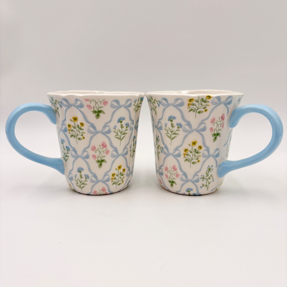 Floral Bow Trellis Ceramic Mugs 12oz Blue White Set of 2 NEW Cottagecore